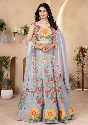 Grey Embroidery Georgette Lehenga Set