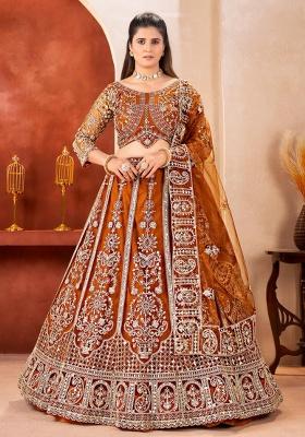 Orange Embroidery Net Lehenga Set