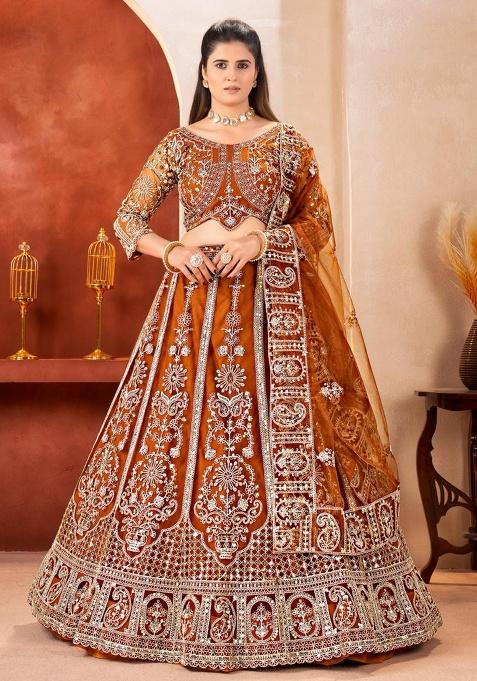 Orange Embroidery Net Lehenga Set