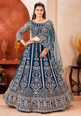 Blue Embroidery Net Lehenga Set