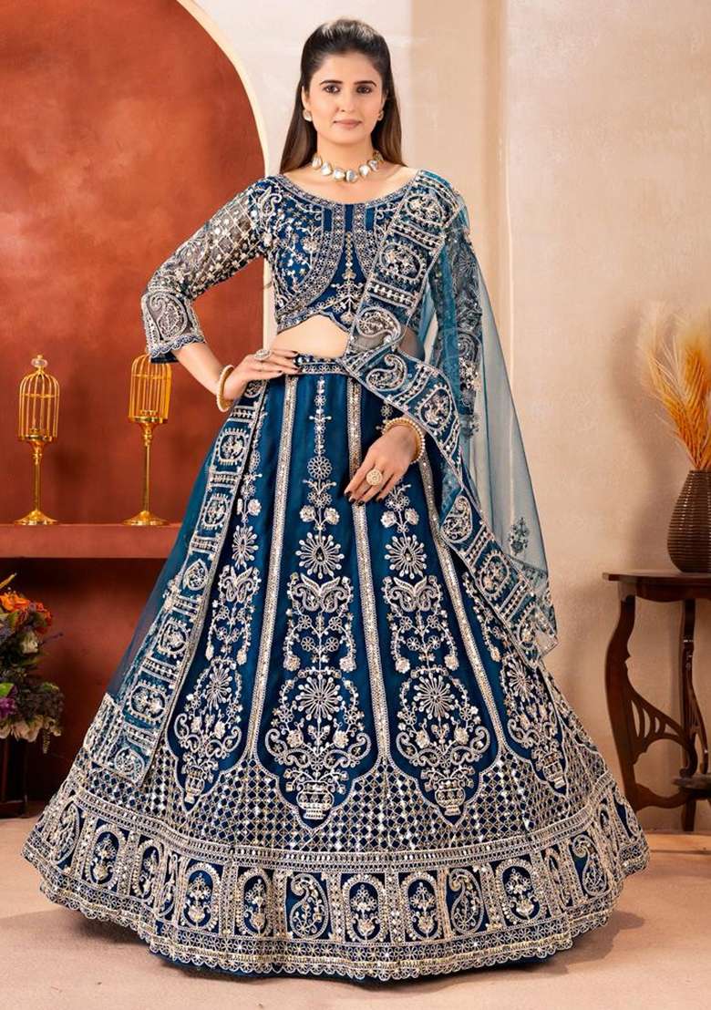Blue Net Lehenga Set with Embroidery for Diwali | Wedding & Festive Wear - Indya
