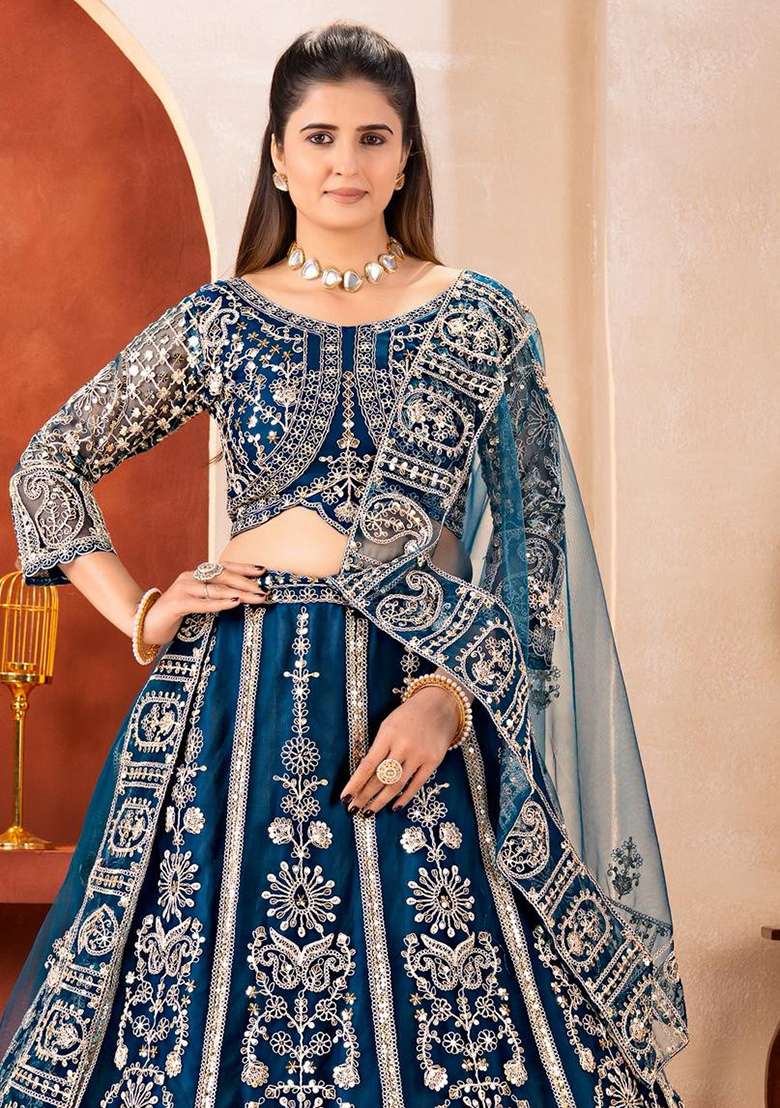 Blue Net Lehenga Set with Embroidery for Diwali | Wedding & Festive Wear - Indya