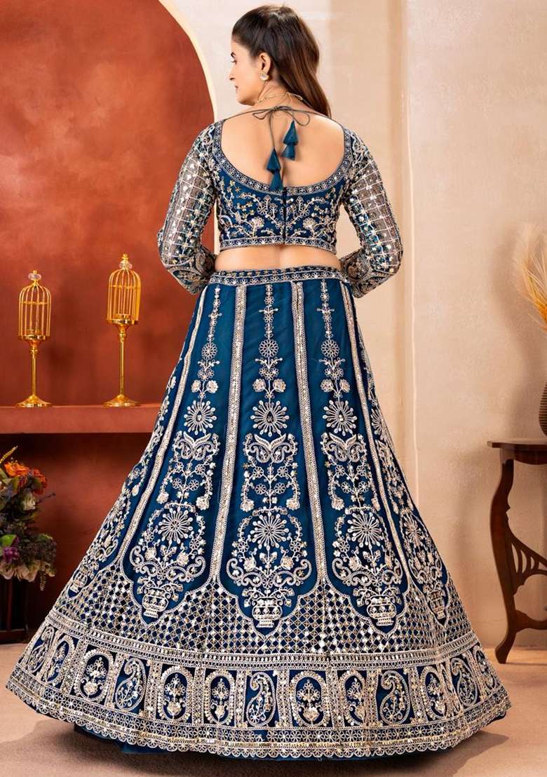 Blue Net Lehenga Set with Embroidery for Diwali | Wedding & Festive Wear - Indya