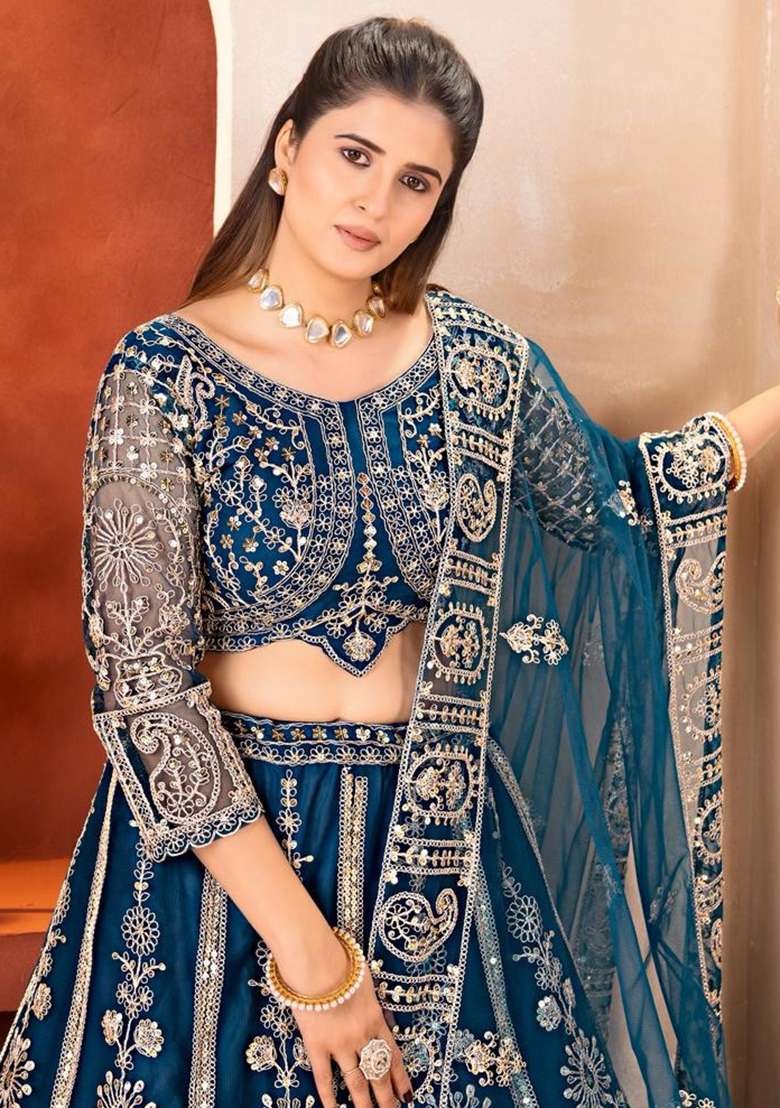 Blue Net Lehenga Set with Embroidery for Diwali | Wedding & Festive Wear - Indya