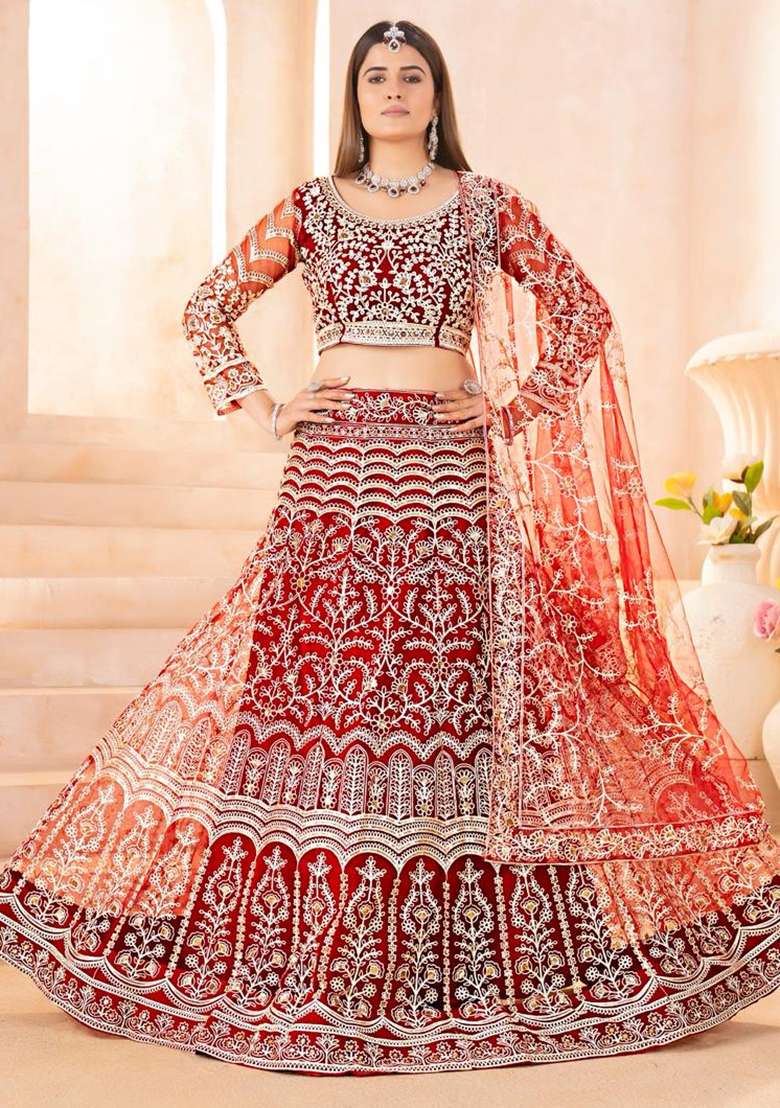 Red Embroidery Net Lehenga Set for Diwali and Festive Wear - Indya