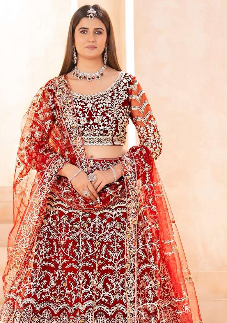 Red Embroidery Net Lehenga Set for Diwali and Festive Wear - Indya