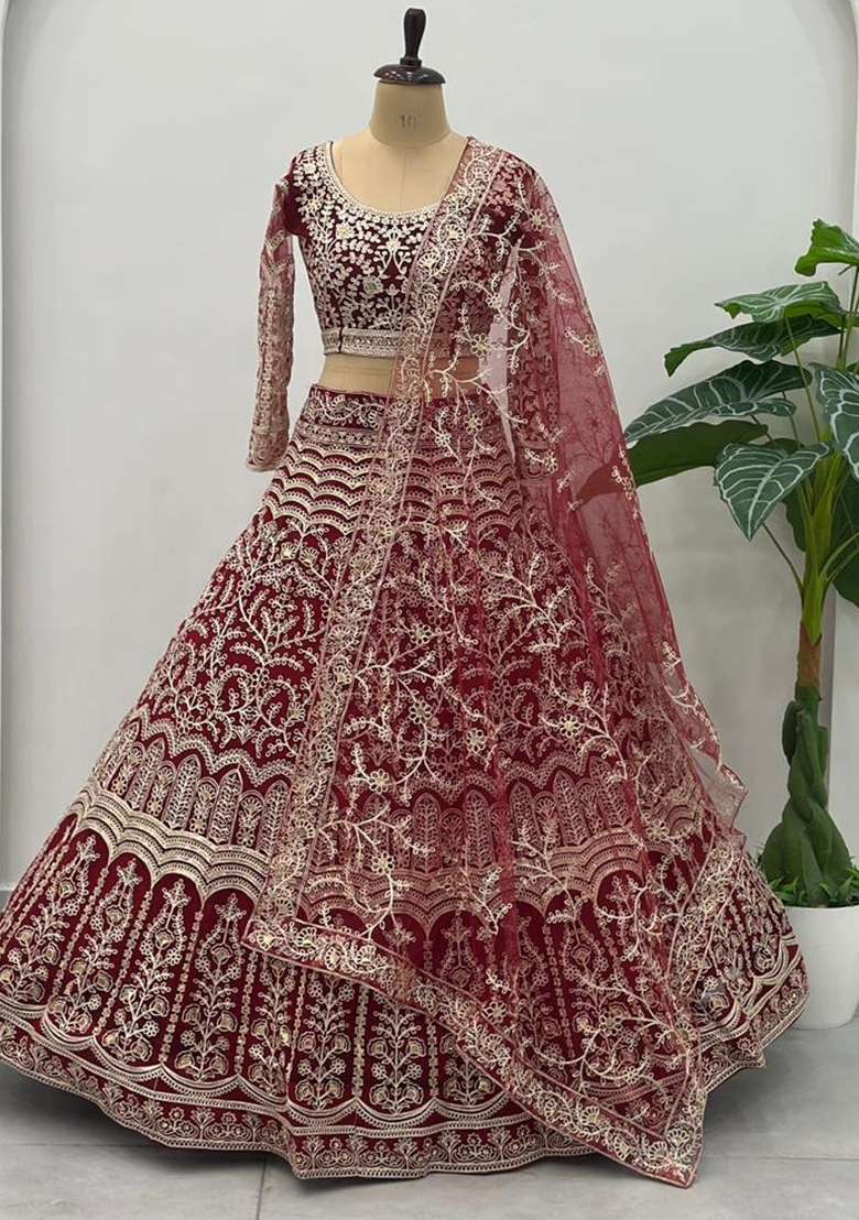 Red Embroidery Net Lehenga Set for Diwali and Festive Wear - Indya