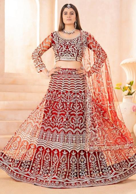 Red Embroidery Net Lehenga Set — view on Indya