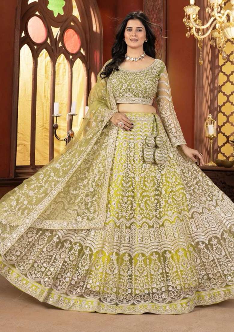 Green Net Lehenga Set with Embroidery for Diwali | Wedding & Festive Wear - Indya
