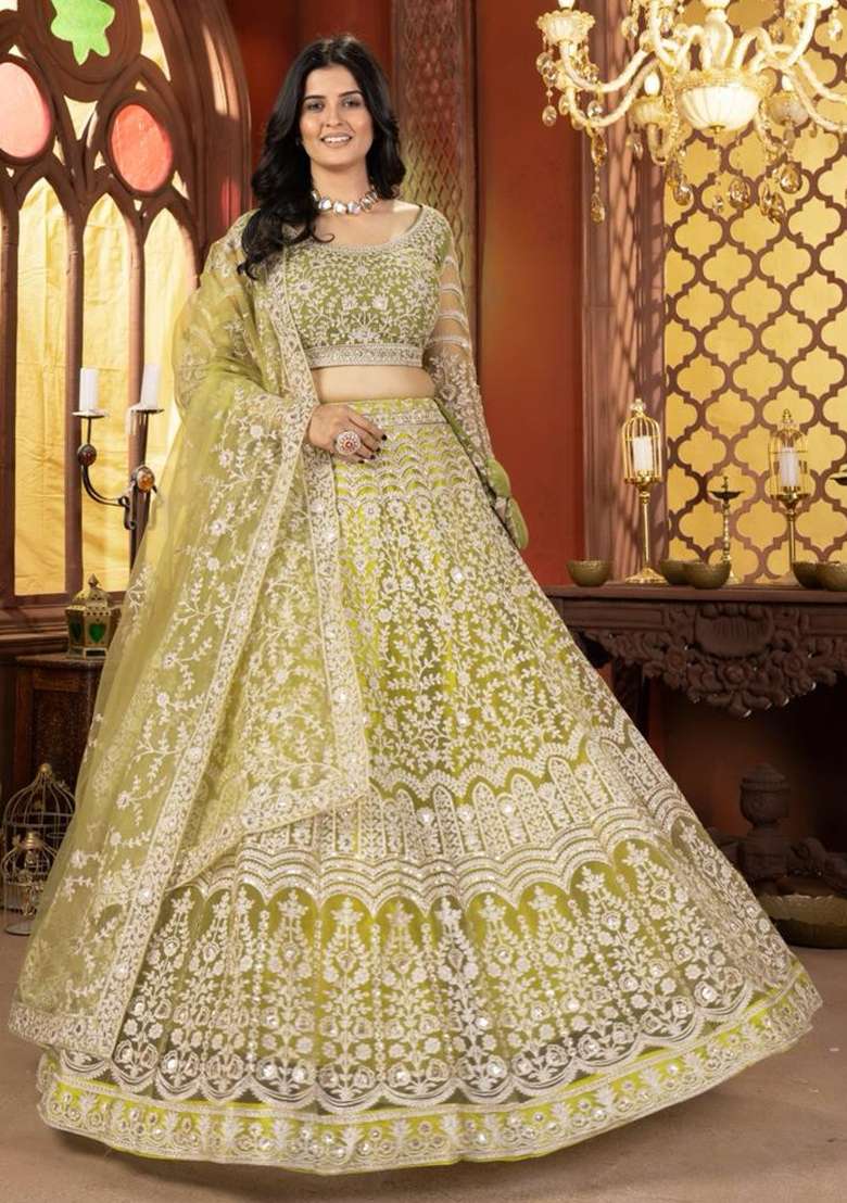 Green Net Lehenga Set with Embroidery for Diwali | Wedding & Festive Wear - Indya