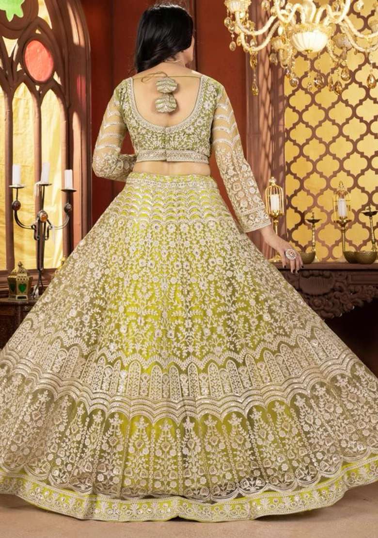 Green Net Lehenga Set with Embroidery for Diwali | Wedding & Festive Wear - Indya
