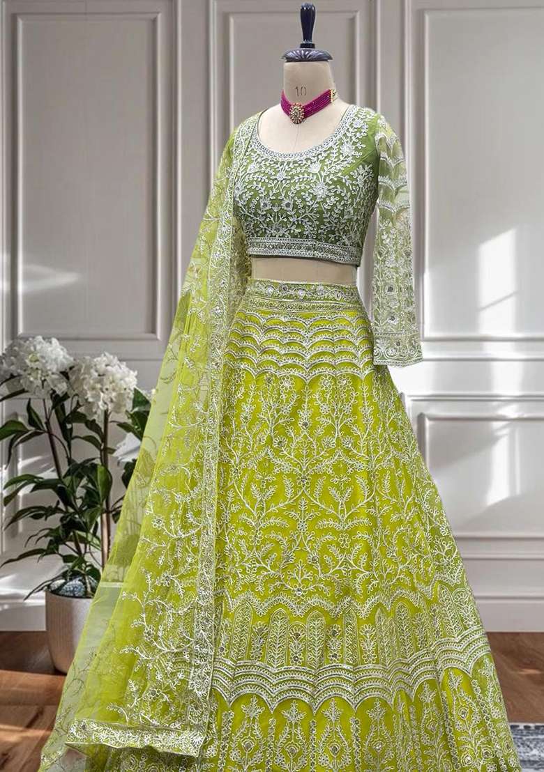 Green Net Lehenga Set with Embroidery for Diwali | Wedding & Festive Wear - Indya