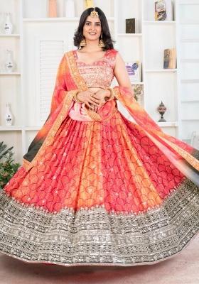 Orange Embroidery Silk Lehenga Set