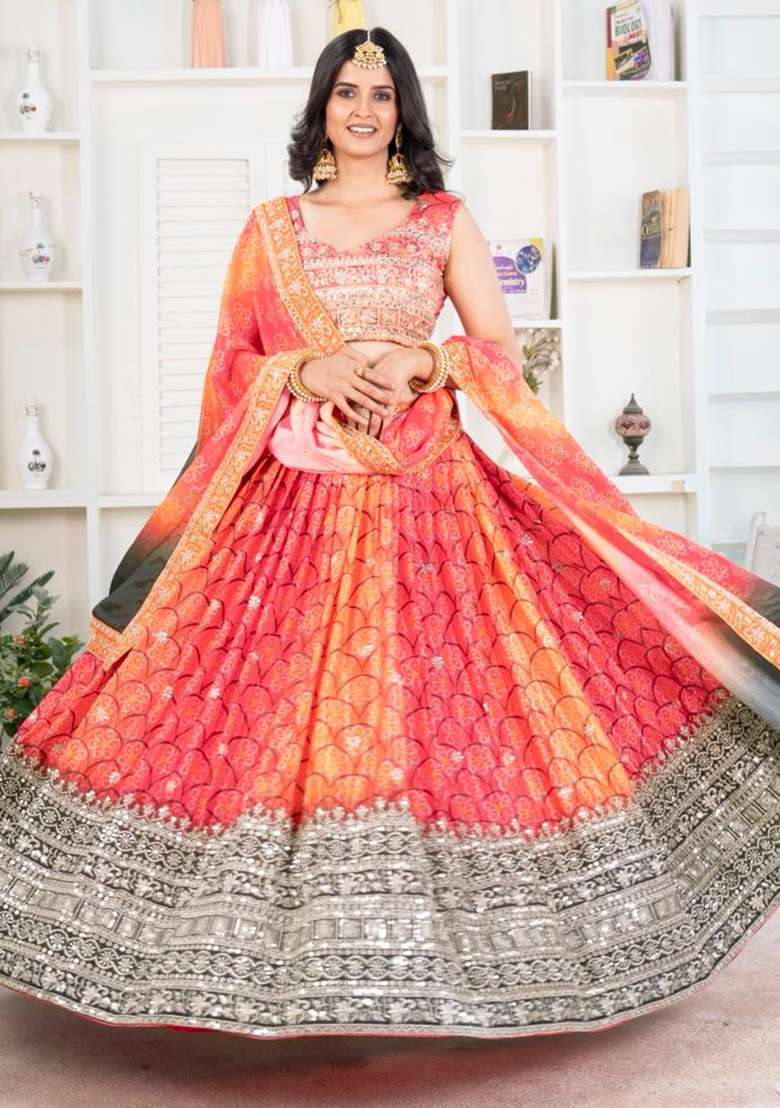 Orange Silk Blend Lehenga Set with Embroidery for Diwali | Wedding & Festive Wear - Indya