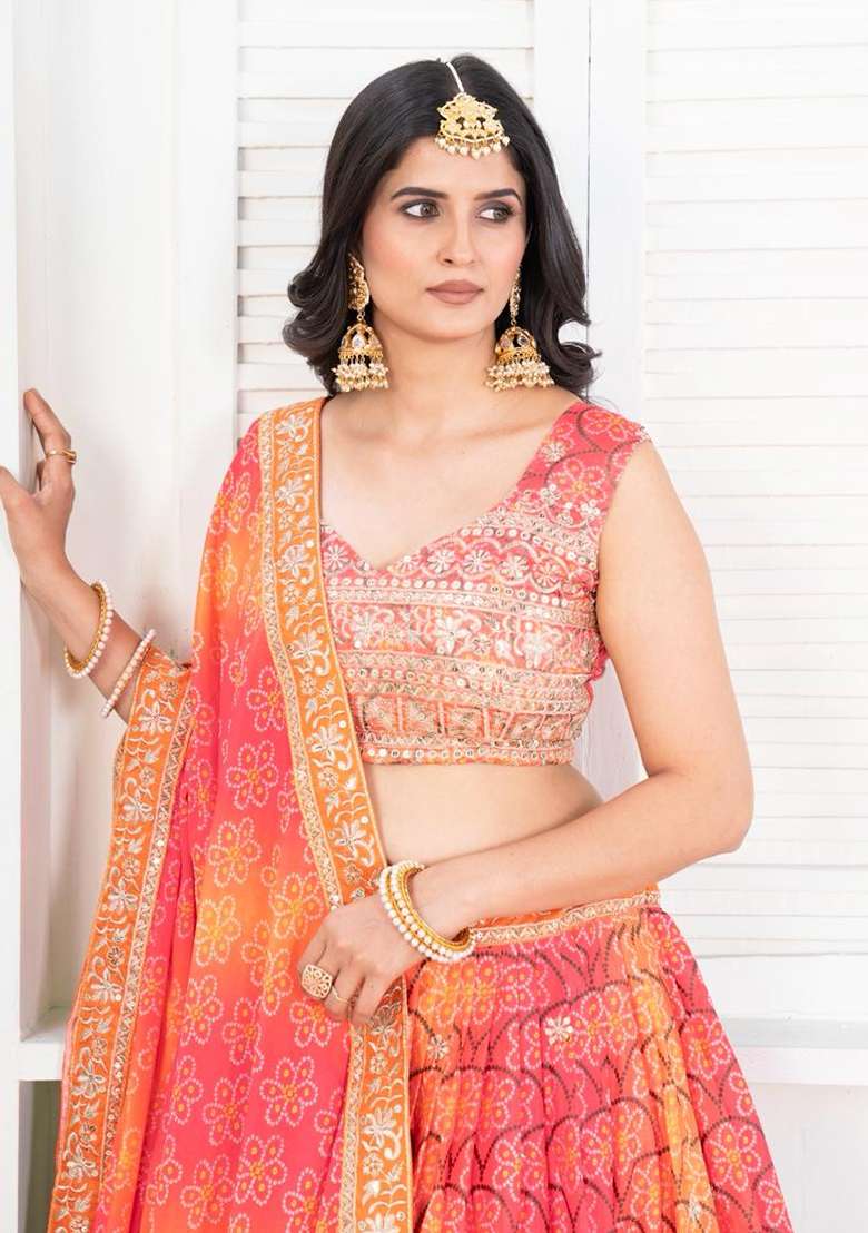 Orange Silk Blend Lehenga Set with Embroidery for Diwali | Wedding & Festive Wear - Indya