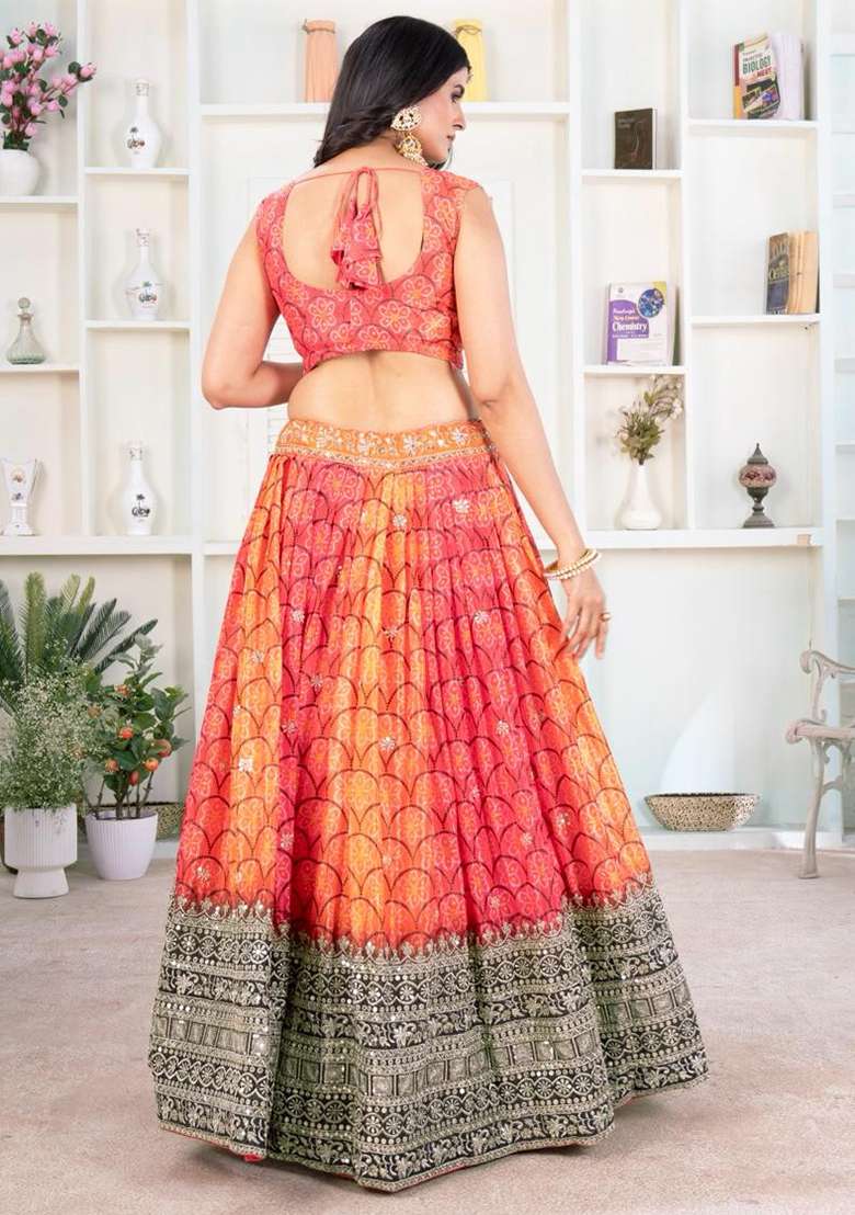 Orange Silk Blend Lehenga Set with Embroidery for Diwali | Wedding & Festive Wear - Indya