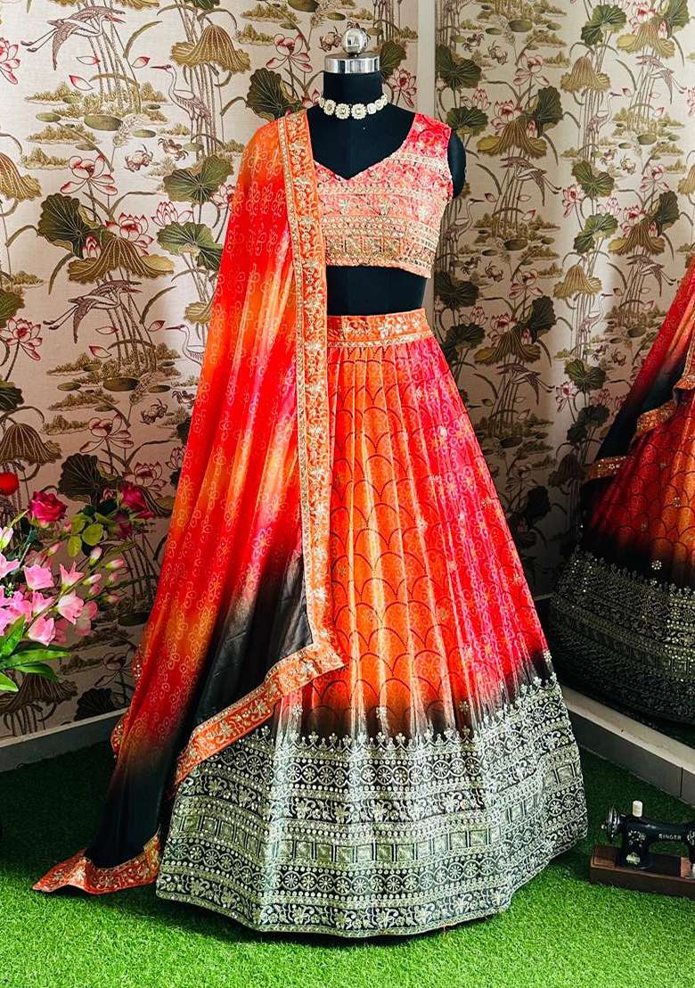 Orange Silk Blend Lehenga Set with Embroidery for Diwali | Wedding & Festive Wear - Indya