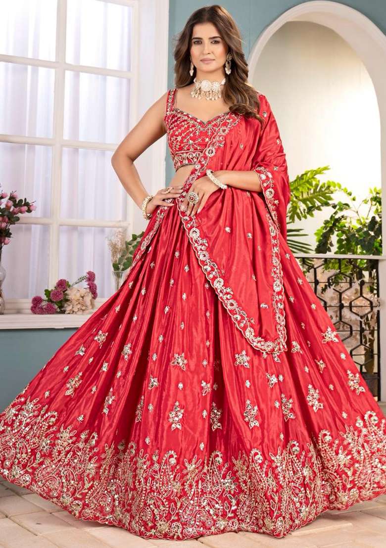 Red Embroidery Chinon Lehenga Set for Diwali and Festive Wear - Indya