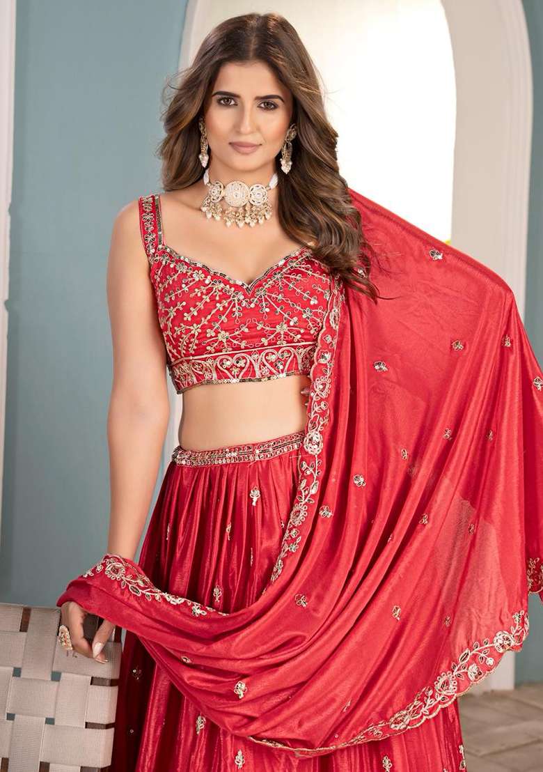 Red Embroidery Chinon Lehenga Set for Diwali and Festive Wear - Indya