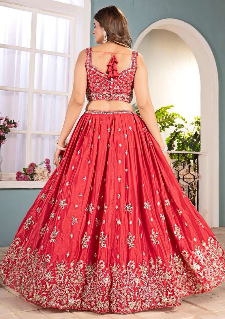 Red Embroidery Chinon Lehenga Set for Diwali and Festive Wear - Indya