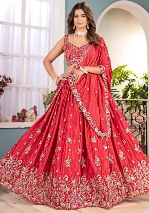 Red Embroidery Chinon Lehenga Set — view on Indya