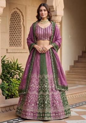 Purple Embroidery Chinon Lehenga Set