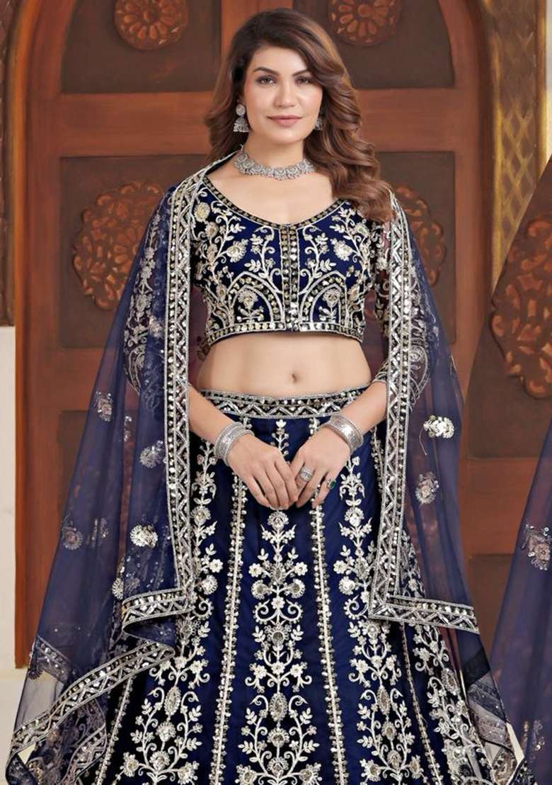 Dark Blue Net Lehenga Set with Embroidery for Diwali | Wedding & Festive Wear - Indya