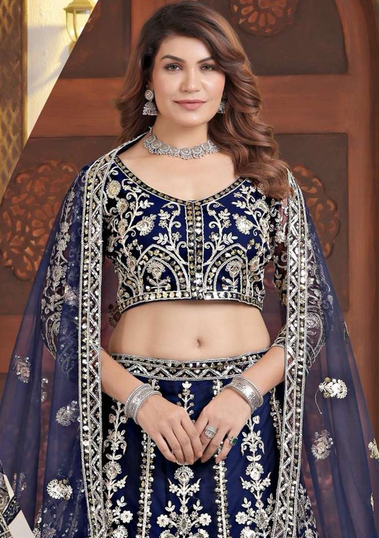 Dark Blue Net Lehenga Set with Embroidery for Diwali | Wedding & Festive Wear - Indya