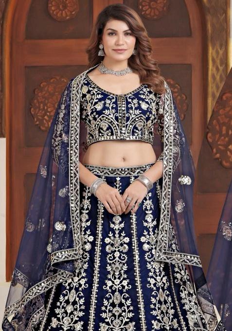 Dark Blue Embroidery Net Lehenga Set