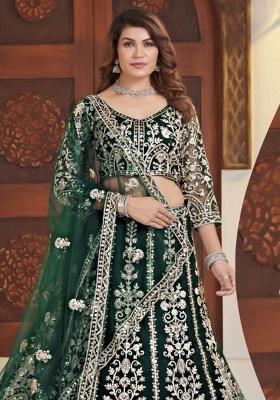 Green Embroidery Net Lehenga Set