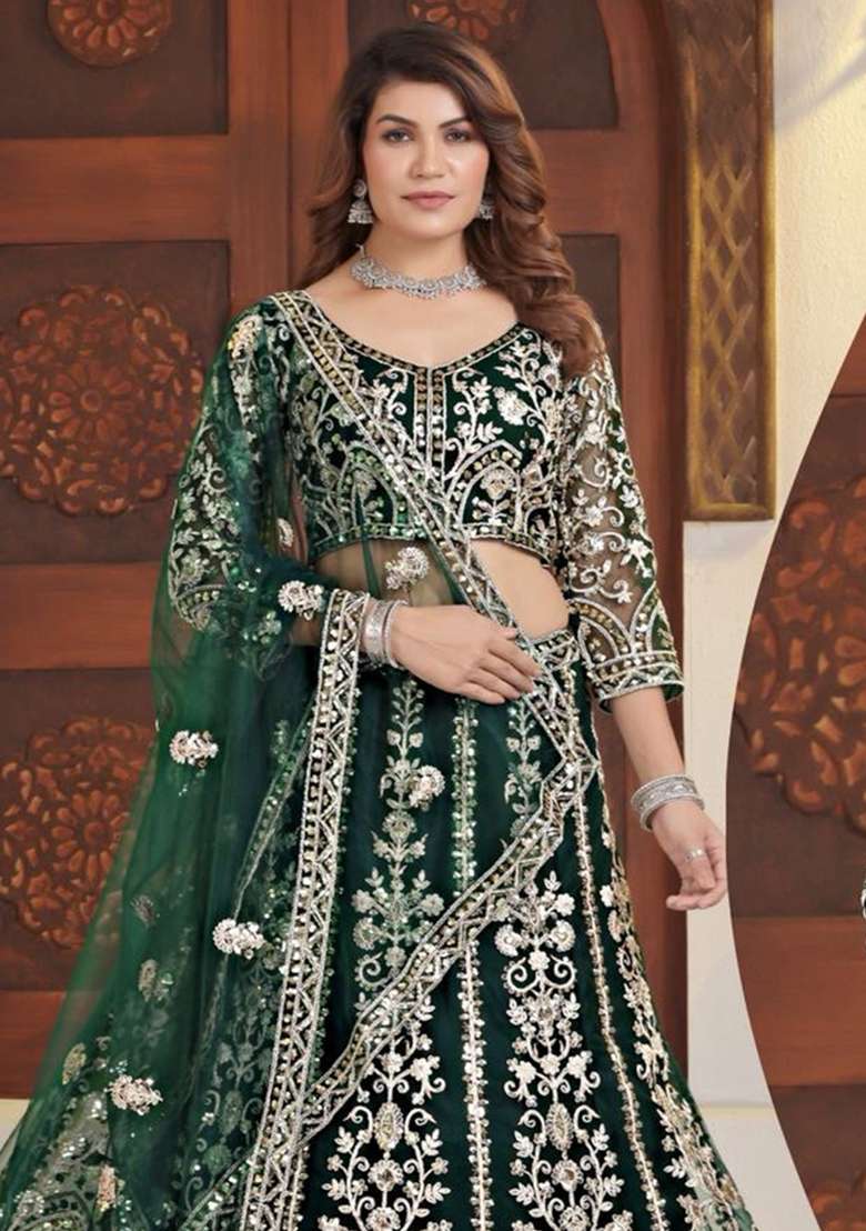 Green Net Lehenga Set with Embroidery for Diwali | Wedding & Festive Wear - Indya