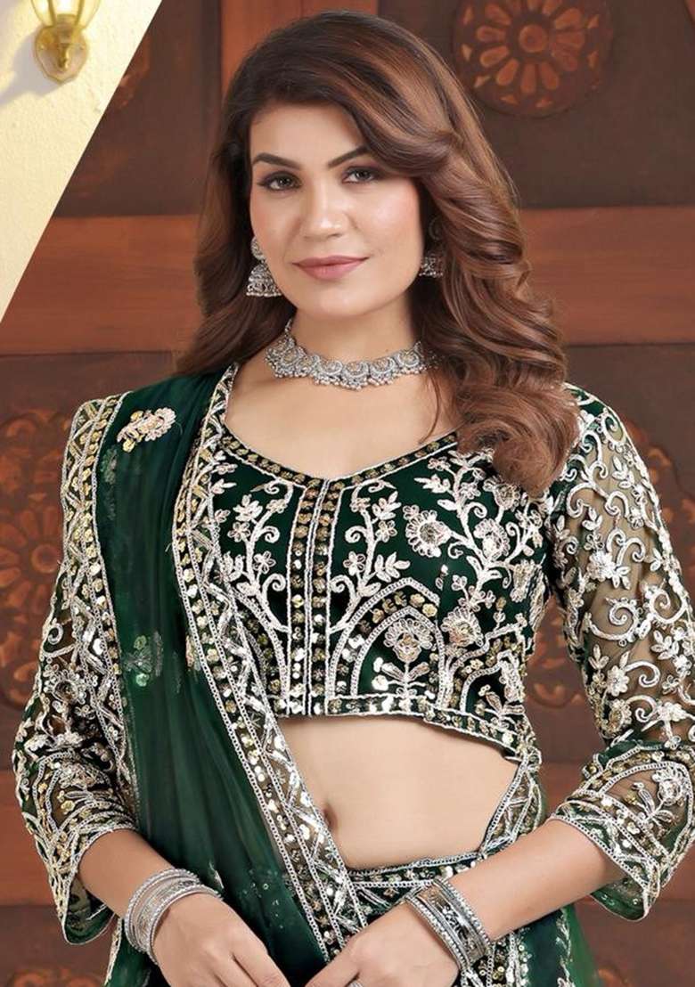 Green Net Lehenga Set with Embroidery for Diwali | Wedding & Festive Wear - Indya