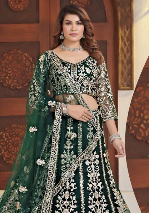 Green Embroidery Net Lehenga Set