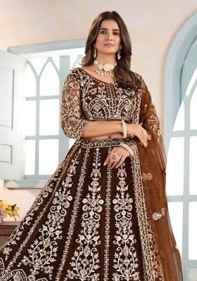 Brown Embroidery Net Lehenga Set