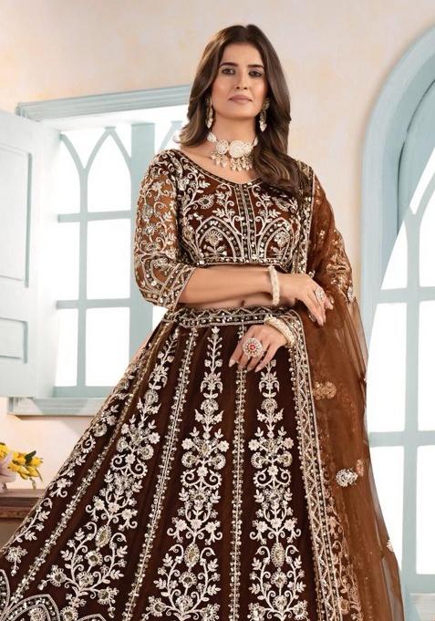 Brown Embroidery Net Lehenga Set — view on Indya
