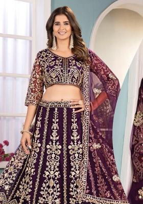 Purple Embroidery Net Lehenga Set