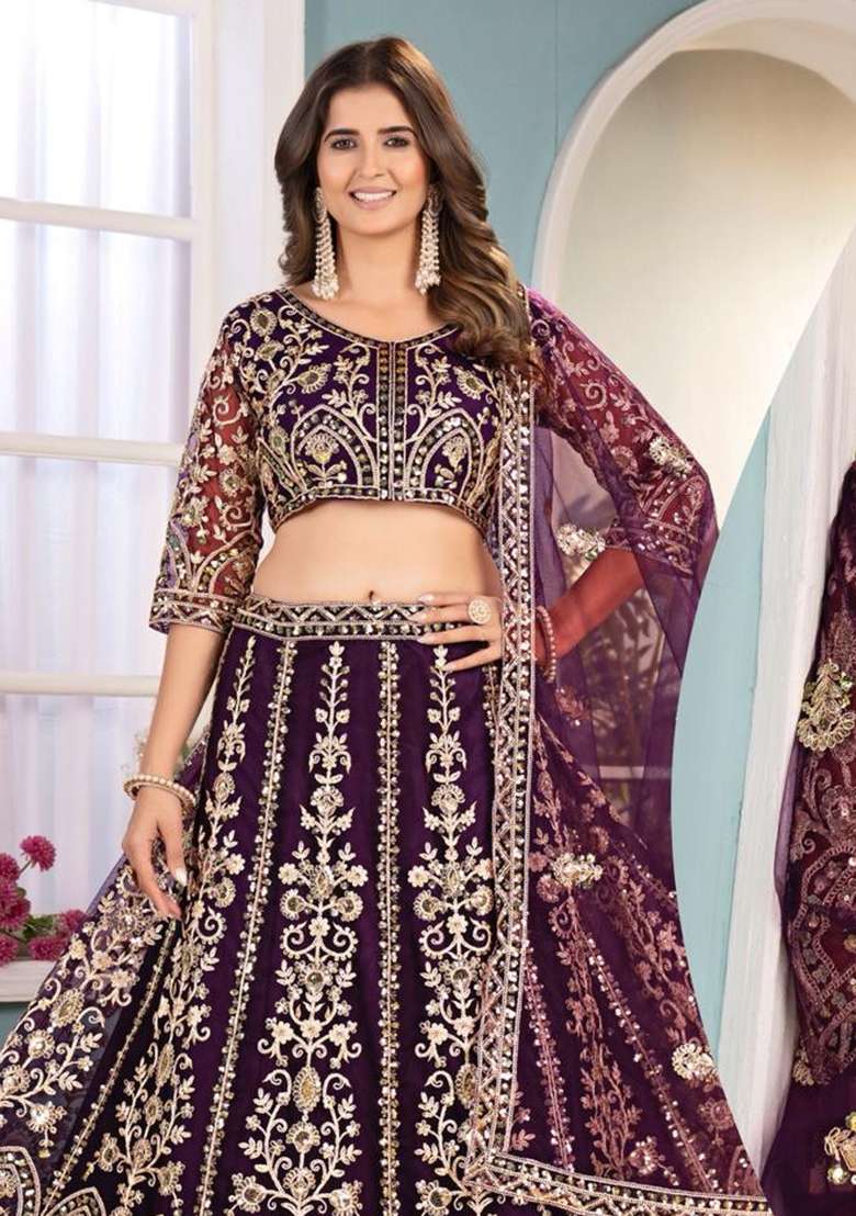 Purple Net Lehenga Set with Embroidery for Diwali | Wedding & Festive Wear - Indya