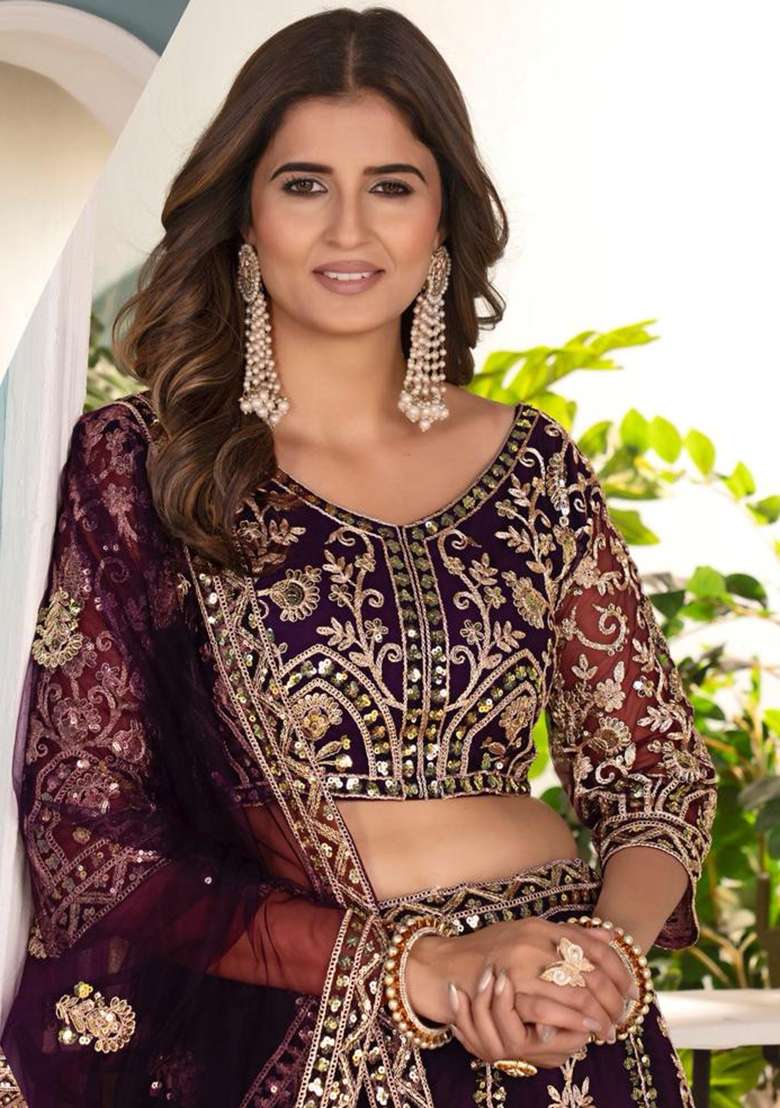 Purple Net Lehenga Set with Embroidery for Diwali | Wedding & Festive Wear - Indya