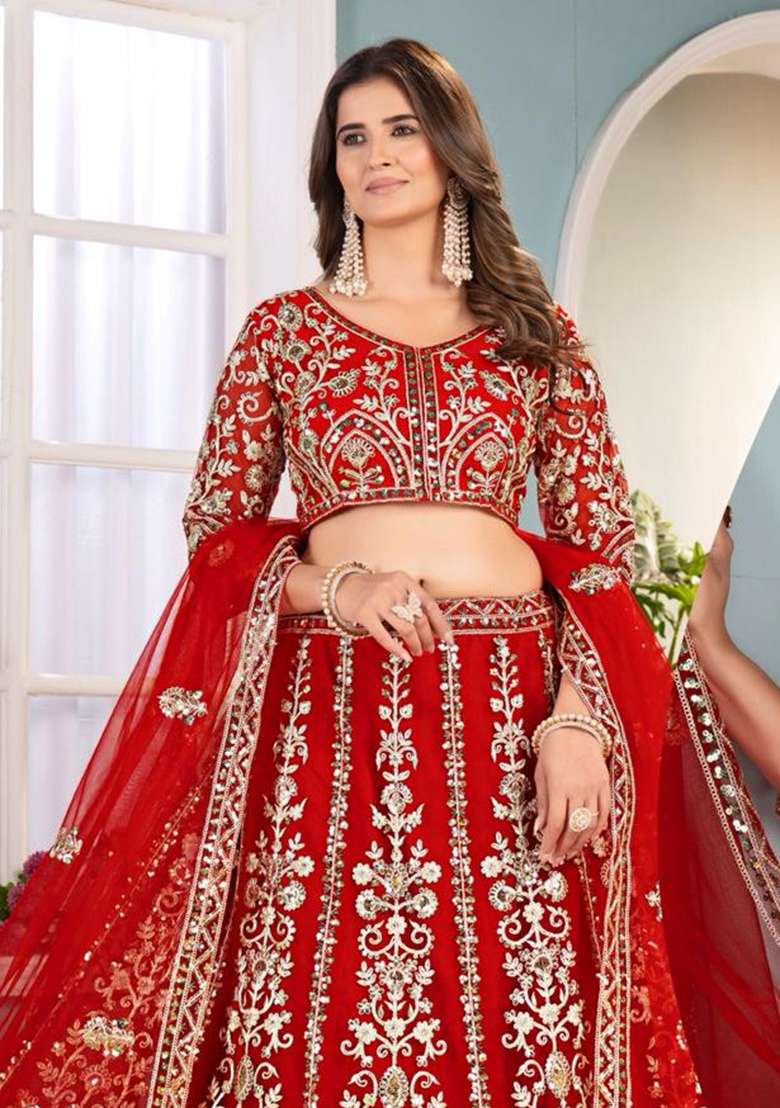 Red Net Lehenga Set with Embroidery for Diwali | Wedding & Festive Wear - Indya