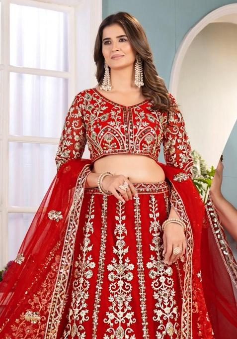 Red Embroidery Net Lehenga Set