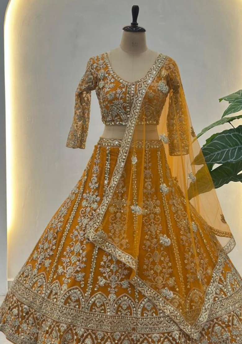 Yellow Embroidery Net Lehenga Set for Diwali and Festive Wear - Indya