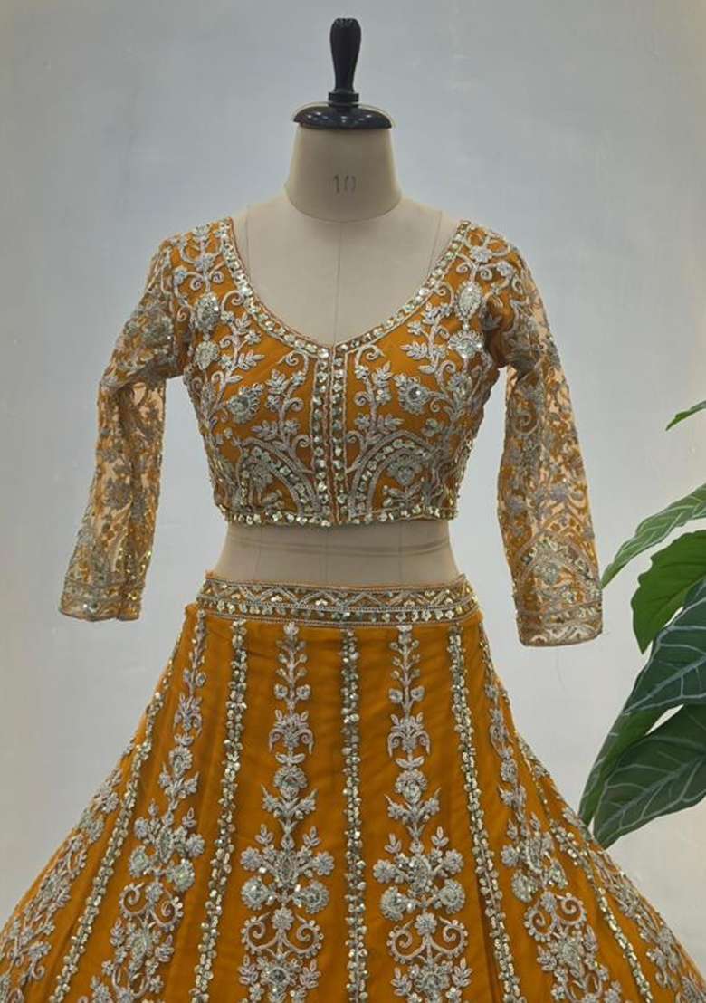 Yellow Embroidery Net Lehenga Set for Diwali and Festive Wear - Indya
