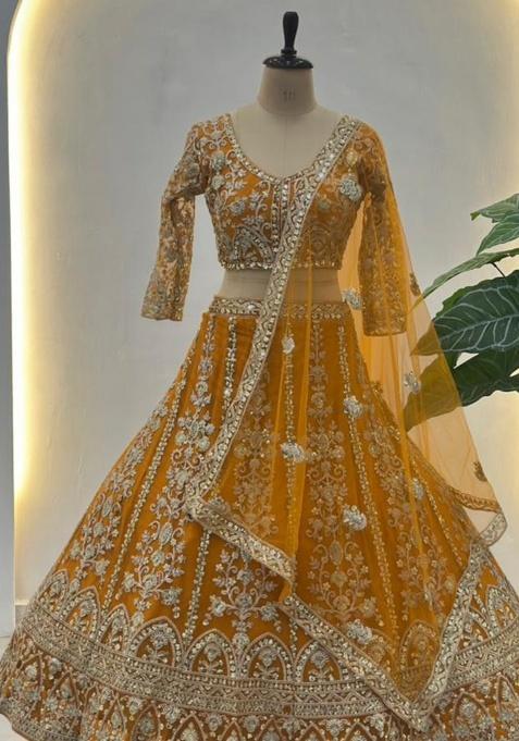 Yellow Embroidery Net Lehenga Set