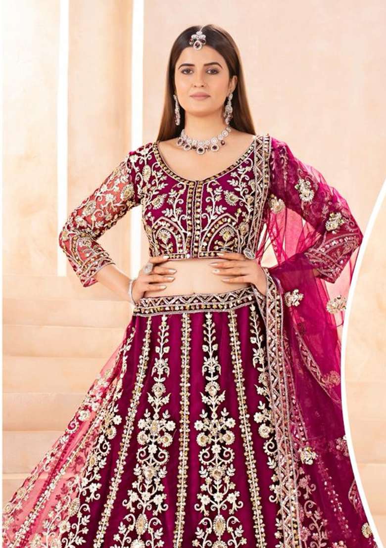Rani Pink Embroidery Net Lehenga Set for Diwali and Festive Wear - Indya