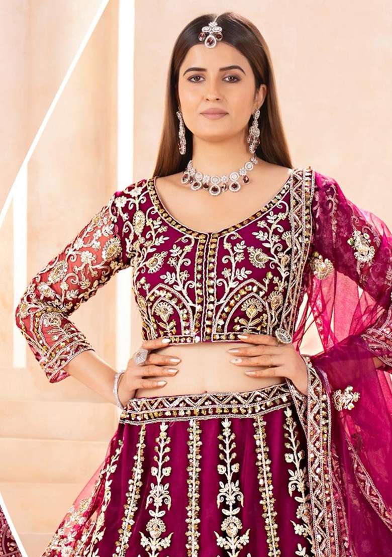 Rani Pink Embroidery Net Lehenga Set for Diwali and Festive Wear - Indya