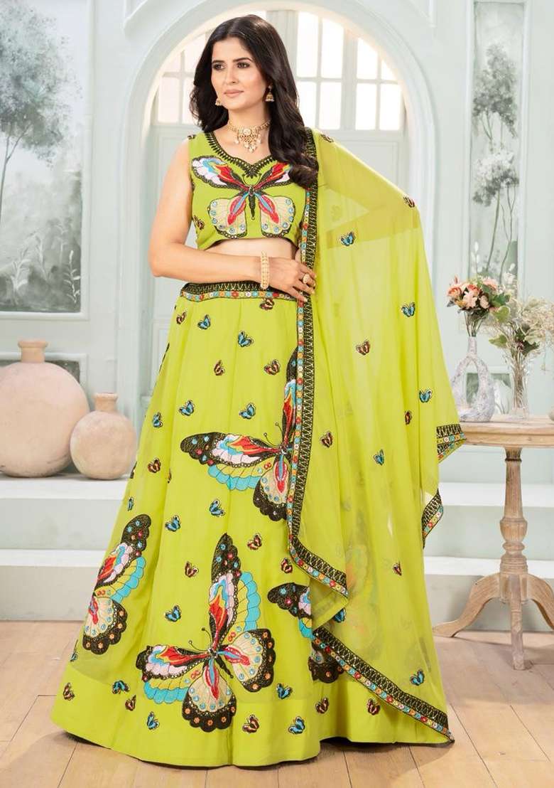 Green Silk Blend Lehenga Set with Embroidery for Diwali | Wedding & Festive Wear - Indya