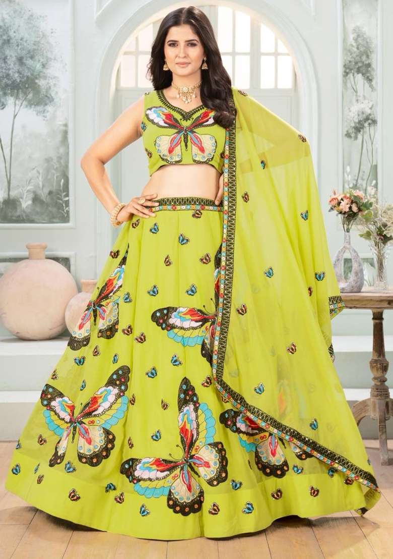 Green Silk Blend Lehenga Set with Embroidery for Diwali | Wedding & Festive Wear - Indya