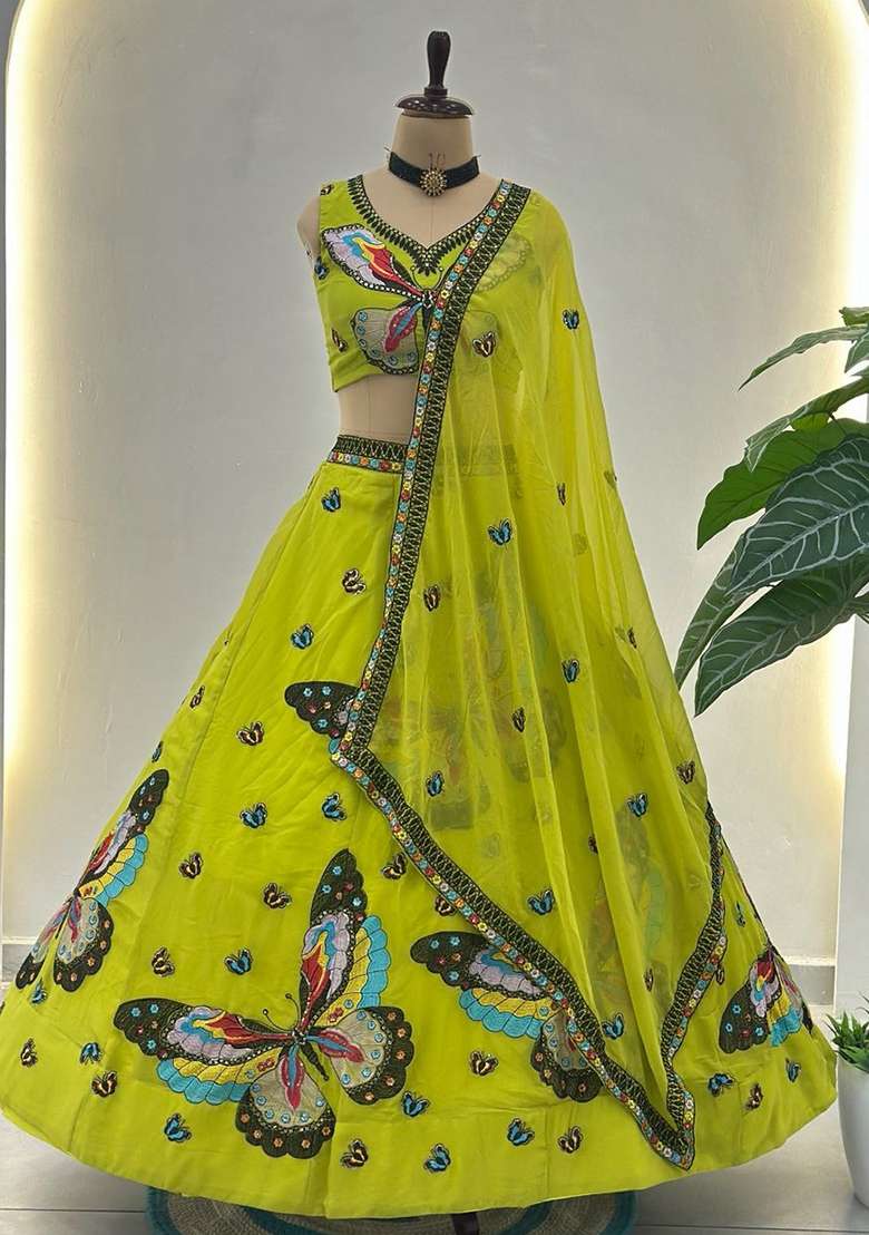 Green Silk Blend Lehenga Set with Embroidery for Diwali | Wedding & Festive Wear - Indya