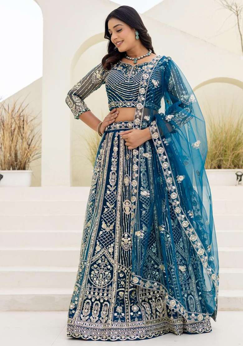 Blue Net Lehenga Set with Embroidery for Diwali | Wedding & Festive Wear - Indya