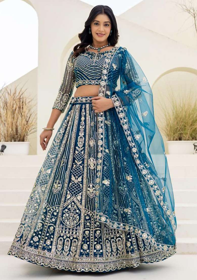 Blue Net Lehenga Set with Embroidery for Diwali | Wedding & Festive Wear - Indya
